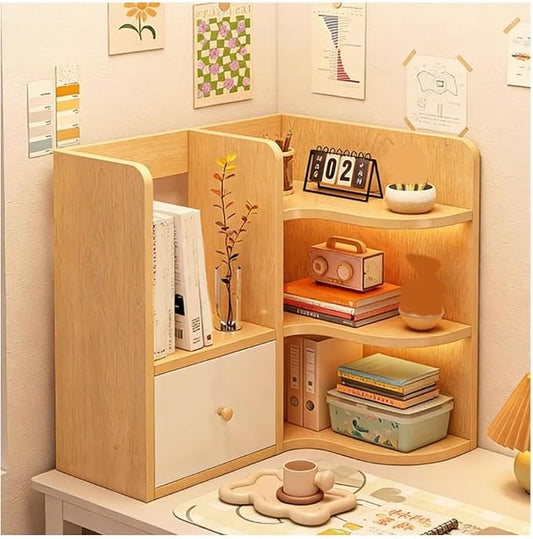 Corner Desk Shelf Organizer – 3-Tier Wooden Desktop Bookshelf, Freestanding Display Rack for Home Office, Dorm, American Style Storage Shelf(Natural,59x50cm/23.6x19.7in)
