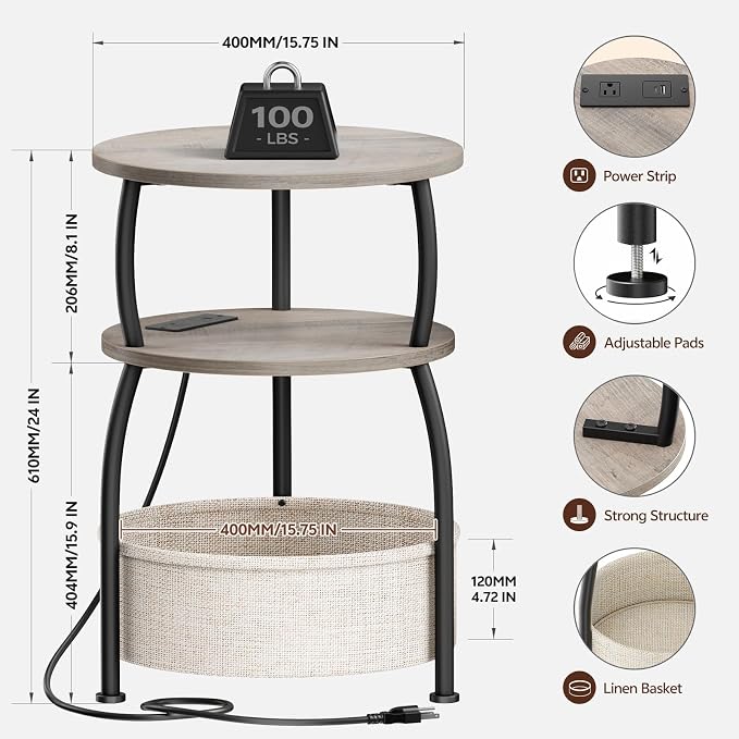 Round Side Table with Power Outlets and Type-C Port, USB Port Small Coffee Table with Basket, Space Saving End Table 3-Tier Bedside Corner Table Stand for Living Room, Bedroom, Garden 15.75in