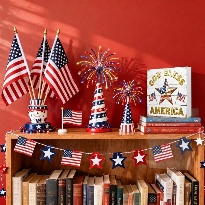 Patriotic Wooden Box Sign,God Bless America Star 4th Of July Signs Home Decor,Independence Memorial Day Block Sign for Desk Shelf Tabletop Decor