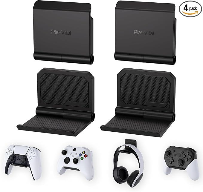 PlayVital 4 Pack FOLD Controller Holder Wall Mount for ps5 ps4 Xbox Switch 2 Pro Headset, Universal Gaming Acessories Controller Organizer Headphone Stand - Foldable Anti-slip Strong Adhesive, Black