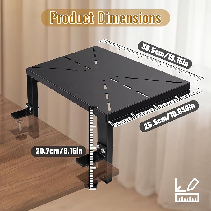 Desk Extender 15 in Clamp on Desk Shelf for Desk Organizer in Office and Game，Metal Desktop Shelf with Ventilation Holes Effective Heat Dissipation，Direction and Height Adjustable