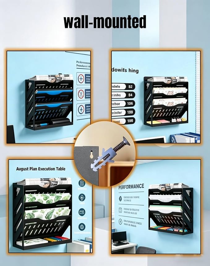 Yuxh 13 Inch 4 Tier Clamp on Desk Shelf Metal File Mail Bill Organizer | Drill-free mounting holder for workspace storage, stable metal rack for office paperwork organization