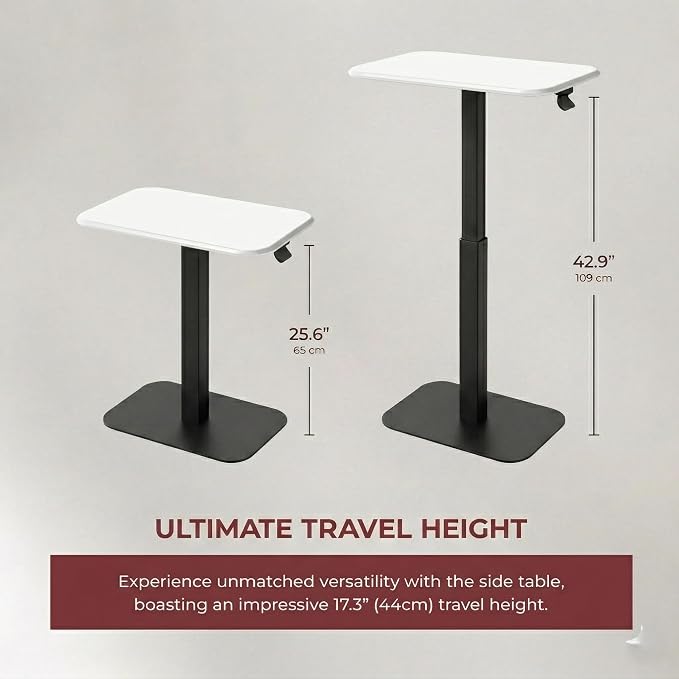 Elevance Height Adjustable Side Table, Black Base, Cloud White Top | Sofa Laptop Table for Couch & Bed | Small C-Shape End Table for Home or Office