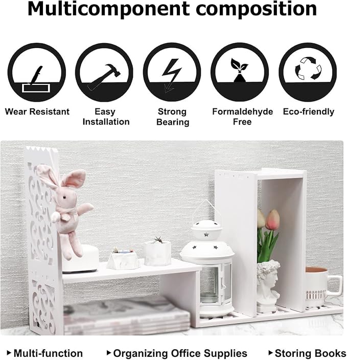 MASAKA B&W - Kawaii Storage Desktop Organizer for Your Desk Space, Double H Plants Display Shelf, Home Office Storage Rack Adjustable Stackable for Office, Dormitory (White*09)