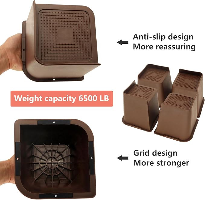 6 Pack Dark Brown Bed Risers 6 inch Heavy Duty, Oversized Furniture Risers, Bed Lifts Risers for Table, Sofa, Chair, Couch, Desk, Bed Frame Risers Supports Up to 6,500 Lbs