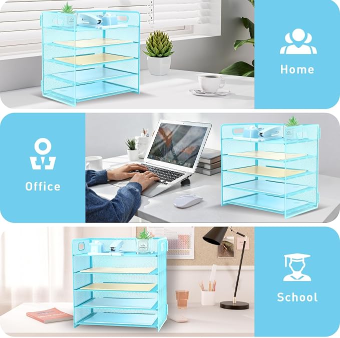 5 Tier Lettrer Tray Organizer with Handle, Metal Mesh Desk File Organizer with Sliding Trays, Paper Sorter Desk for Home Office School, Blue