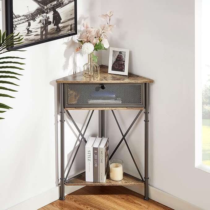 VECELO 3-Tier Corner Table,Mesh Door Cabinet and Open-Shelf,Corner Shelf Stand,Metal Frame Storage Shelf Organizer Display Shelves for Bedroom,Lobby Corner,Living Room,Kitchen,Bathroom