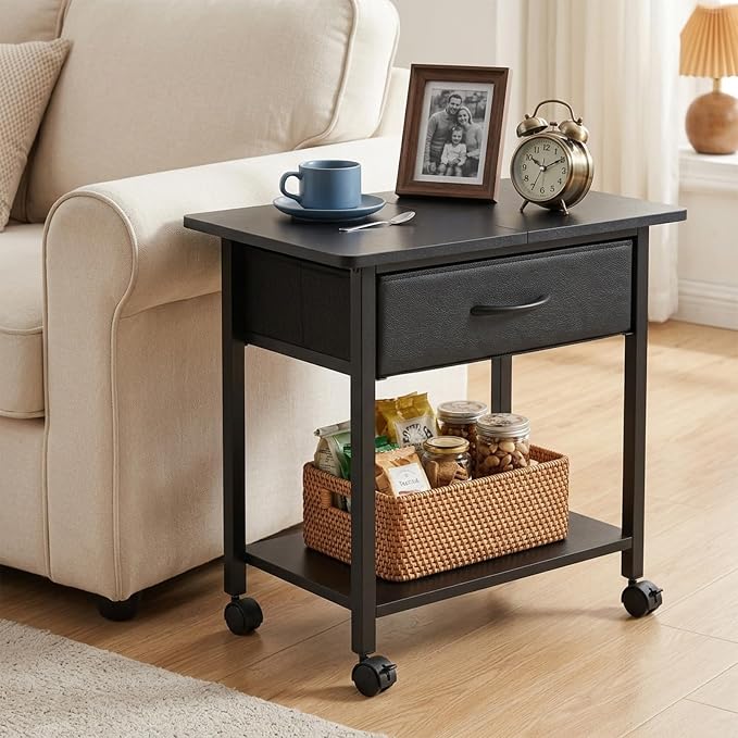 22" x 15" Under Desk Rolling Printer Stand, 2-Tier Industrial Mobile Printer Table with Strong Fabric Drawer, Storage Shelf, Steel Frame and Lockable Wheels, Printer Cart for Home Office (Black)