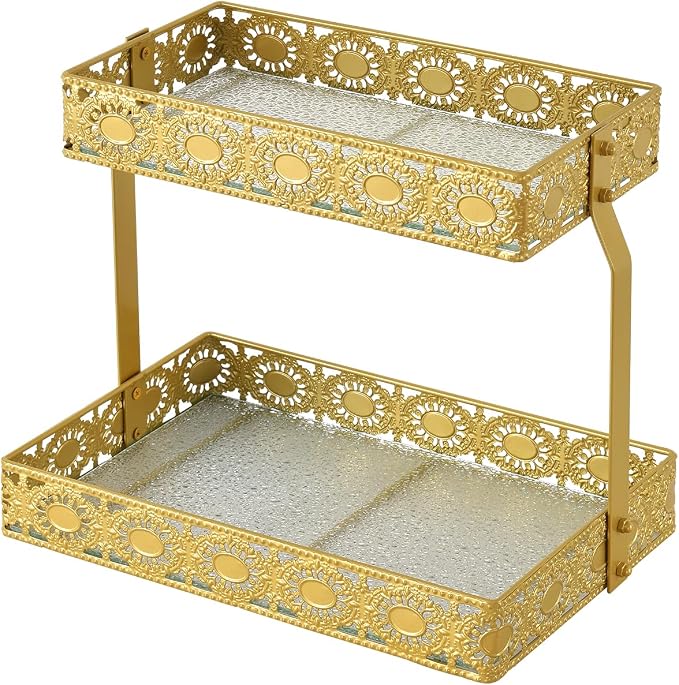 xiaojuande-Two Layer Glass Storage Tray with Portable Dressing Table Skin Care Product Organization Rack Corner Storage Rack for Bathroom Counter High-end Light Luxury Display Plate - Gold (Gold)