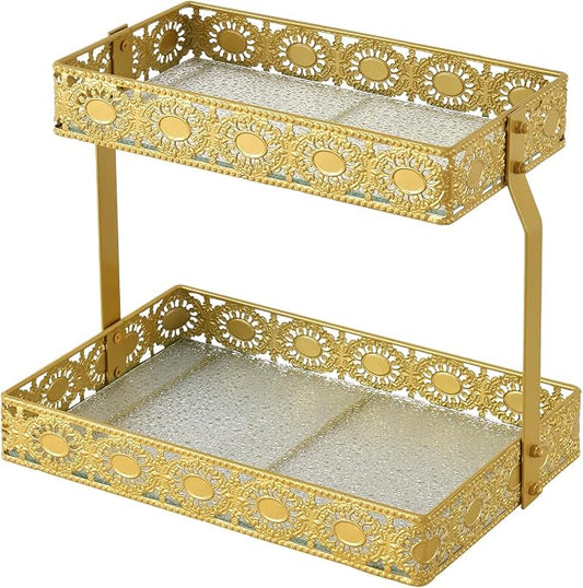 xiaojuande-Two Layer Glass Storage Tray with Portable Dressing Table Skin Care Product Organization Rack Corner Storage Rack for Bathroom Counter High-end Light Luxury Display Plate - Gold (Gold)