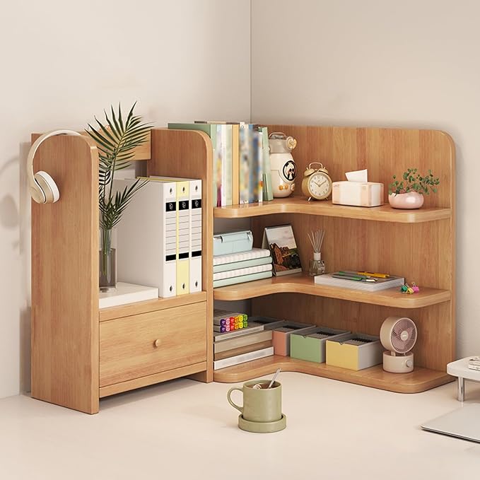 Desktop Corner Bookshelf with Storage Stable Wooden Structure Multifunctional Freestanding Display Rack for Home Dorm Office Supplies(Natural)