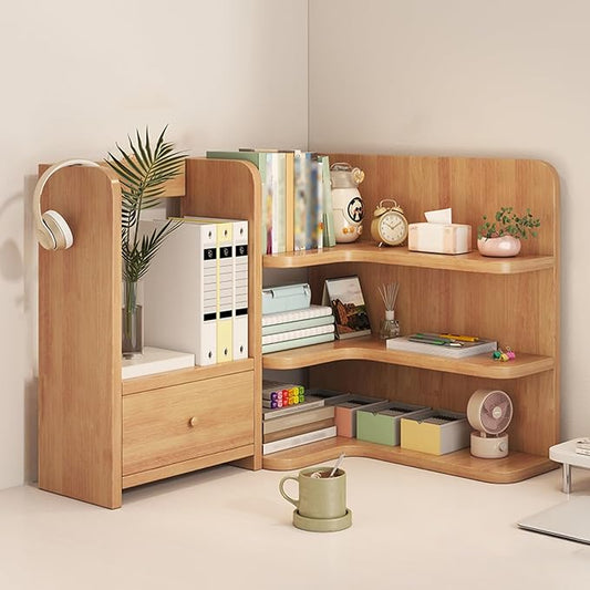 Desktop Corner Bookshelf with Storage Stable Wooden Structure Multifunctional Freestanding Display Rack for Home Dorm Office Supplies(Natural)