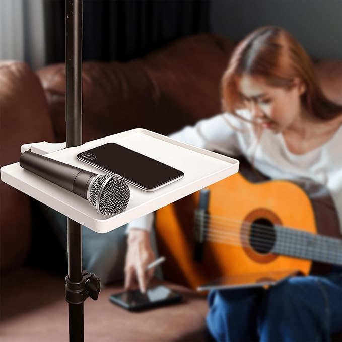 Utility Microphone Tray Holder, White Clip-On Accessories Clamp Pole Mount Shelf for Music Table, Tripod, Live Streaming Room, Karaoke, Recording, Instrument Sound Card Brackets (8.7'' x 6.5'')