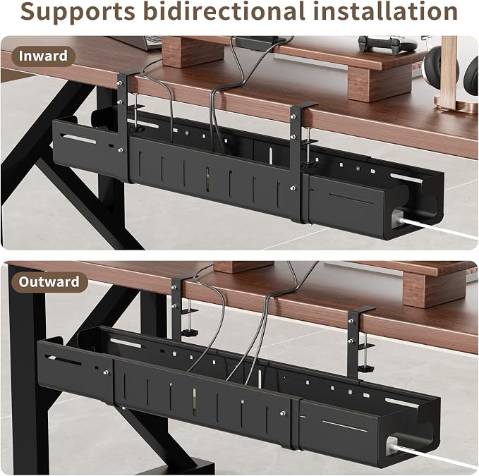 Under Desk Cable Management Tray, Expandable 25.2"–38.6", No Drill Clamp Mount, Cord Management Heavy Duty Carbon Steel Standing Cord Organizer for Home, Office, Gaming, Desk, Black