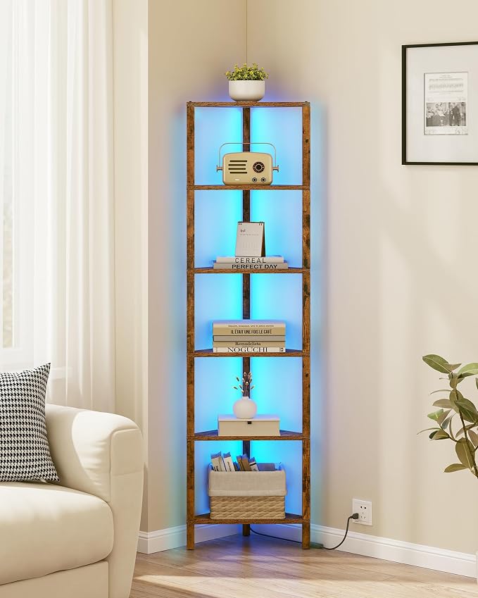 TUTOTAK Corner Shelf with LED Light, 6-Tier Corner Bookshelf for Small Space, Narrow Display Corner Shelf Stand with Storage Rack, for Living Room, Bedroom, Brown BS05BC006L