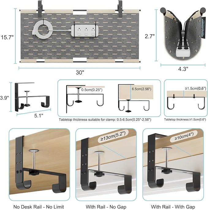 No Drill Under Desk Cable Management Tray, 30" Felt Cord Organizer for Table, Clamp/Screw Mount Wire Management with Privacy Panel for Standing Desk & Home Office (Khaki/Gray)