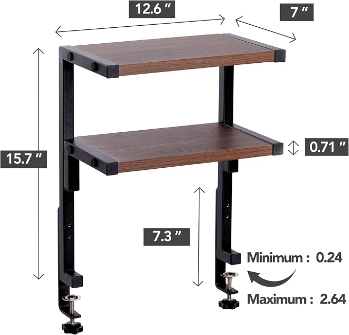 Clamp on Desk Shelf 2-Tier Shelving Unit Table Organizer Above or Under Desk, Storage Tray Desk Workspace Organizers Desktop Storage Table Extender for Office Home (12.6 * 7)
