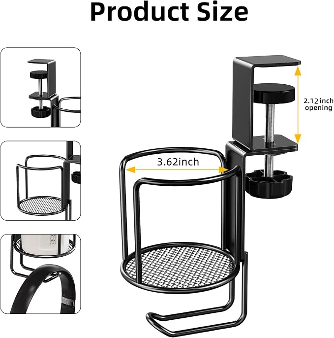 CABTE 2 Pack 2 in 1 Desk Mug Hooks with Headphone Hanger Holder, Anti-Spill Clip-On Table Mug Hooks with 360° Rotation for Lawn Chair, Office Home Gaming Table