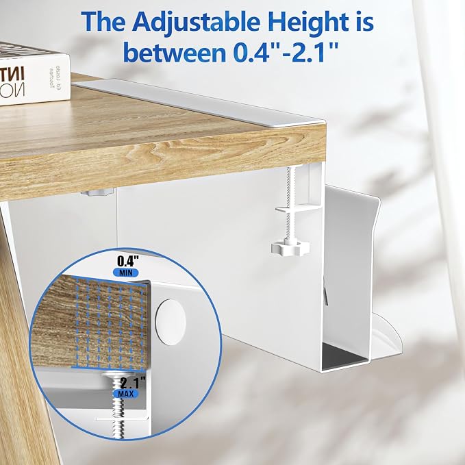 Litwaro Desk Side Storage Organizer, Under Desk Laptop Holder No Drill, Laptop Mount with Magnetic Pen Holder, Hanging Desk Organizer Fits Flat Edge Desks 0.4" to 2.1" (White)