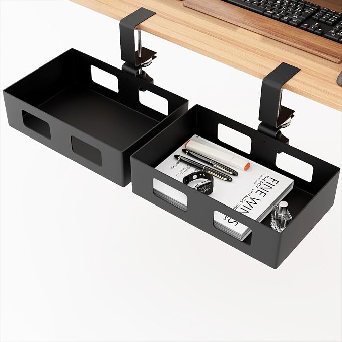 2 Pack Clamp-on Swivel Organizer, Under Desk Hidden Storage Drawer with Cable Hole, Hanging Metal Basket for Extender Space