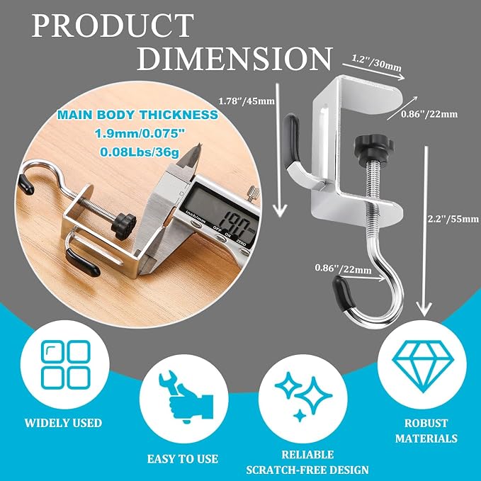 Purse Hook for Table, 6 Pcs Adjustable Stainless Steel Clamp-On Desks Hanger for Office, Home, Dorm, Dining Table, Portable Desk Organizer for Hanging Bags, Backpack, Headphone Storage