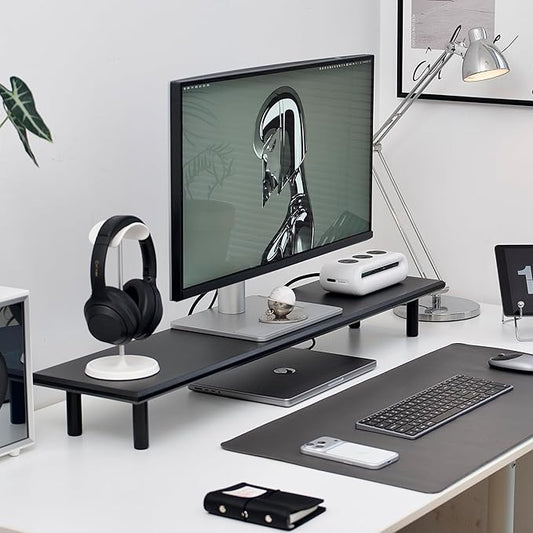 Bamboo Dual Monitor Stand Riser with Underneath Storage, Ergonomic Desk Shelf Supports PC Computer Monitor, Printer, TV for Home, Office, Black