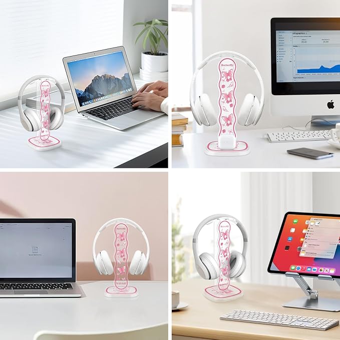 CamyCosy Headphone Stand Gaming Headset Holder for Desk,Pink Butterfly Pattern Clear Cellphone Stand Earphone Stand Desk Accessories for All Headphones Size