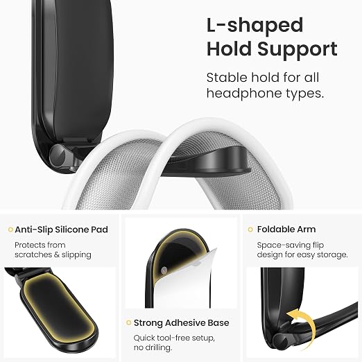 Itramax Wall Mount Headphone Hanger,Adhesive Headset Holder Under Desk,2 Pack Magnetic Headphone Monitor Stand Hook, Foldable Sticky PC Gaming Headset Earphone Clamp for AirPods Max,HyperX,Xbox-Black
