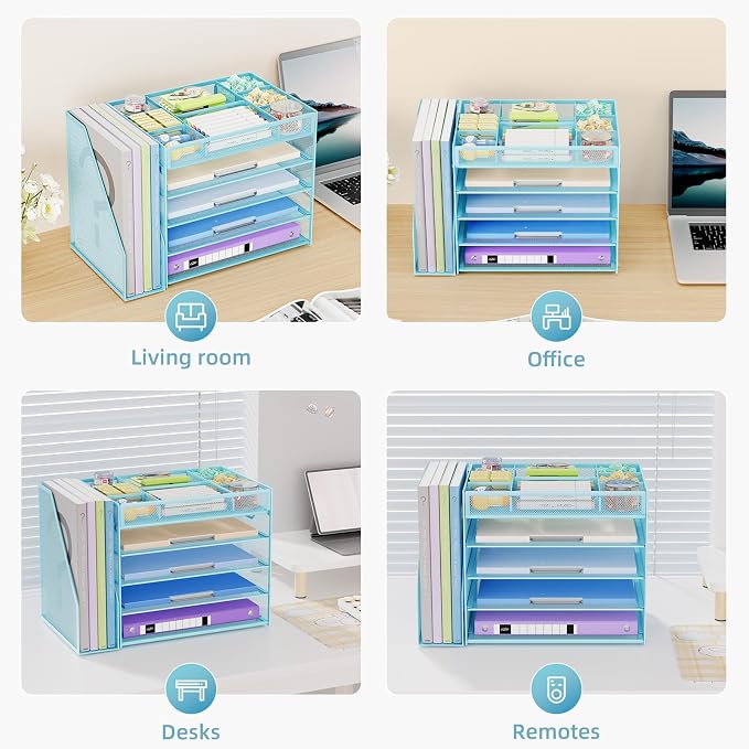 Marbrasse 5-Tier Desk Organizer with File Holder,Paper Letter Tray Organizer,Desktop File Organizer with Adjustable Compartments,Mesh Desk Organizers and Accessories for Office Supplies,Blue