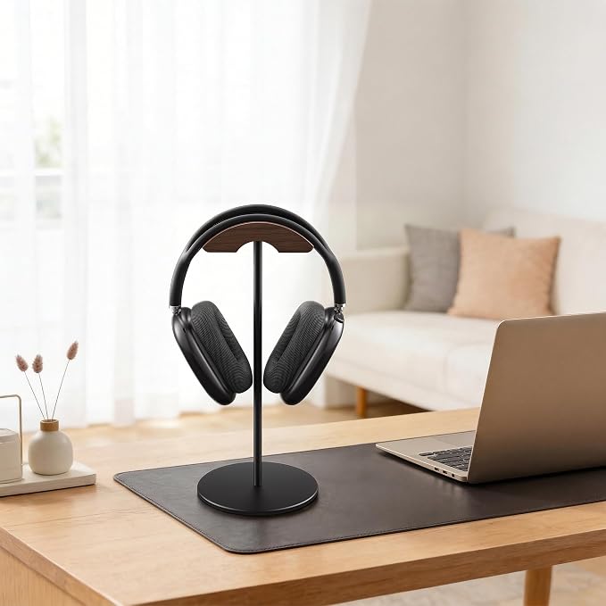 Headphone Stand, Walnut Wood & Aluminum Headset Stand, Nature Walnut Gaming Headset Holder with Solid Heavy Base for All Headphone Sizes (Black)