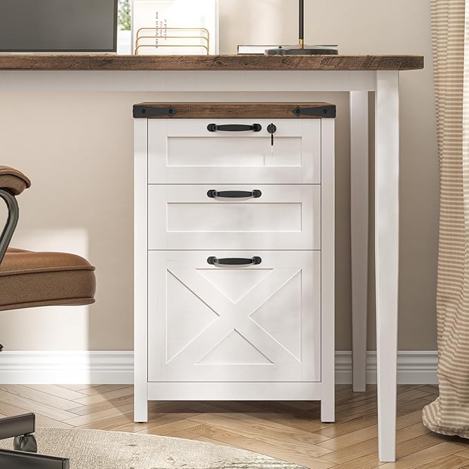Halitaa 3 Drawer Small File Cabinet with Lock, Farmhouse Vertical Filing Cabinet Fits Letter and A4 Size, Under Desk Wooden File Cabinets for Home Office, Printer Stand, Rustic White
