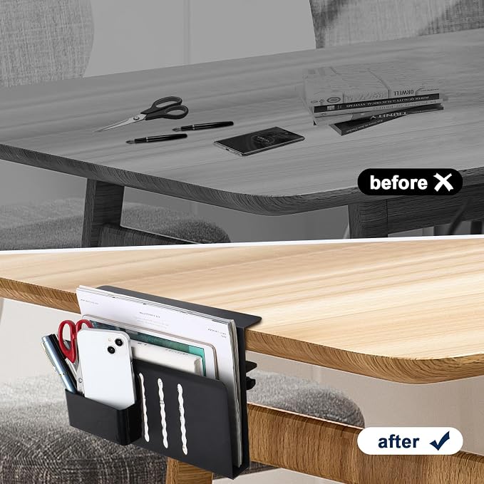 Desk Side Storage Organizer, Under Desk Laptop Holder with Magnetic Pen Holder, No Drill Hanging Desk Caddy for Office & Home, Clamp On Desk Shelf for Tablet, Files, Accessories (Black)