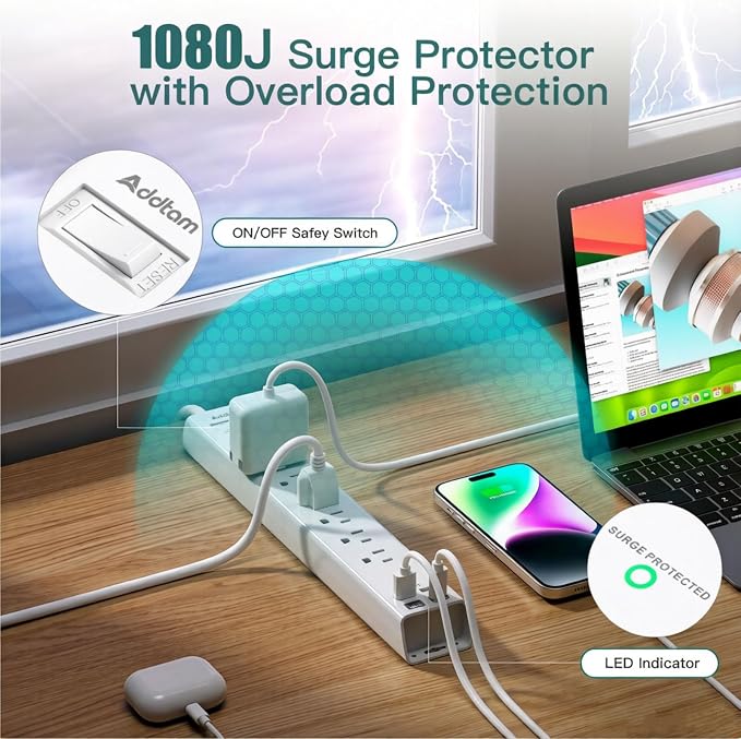 Addtam 10ft Power Strip Surge Protector, 6 Outlets and 4 USB Ports (2 USB C), 10 ft Long Extension Cord with Ultra Flat Plug, Wall Mount Desktop Charging Station for Home Office Dorm Room Essentials