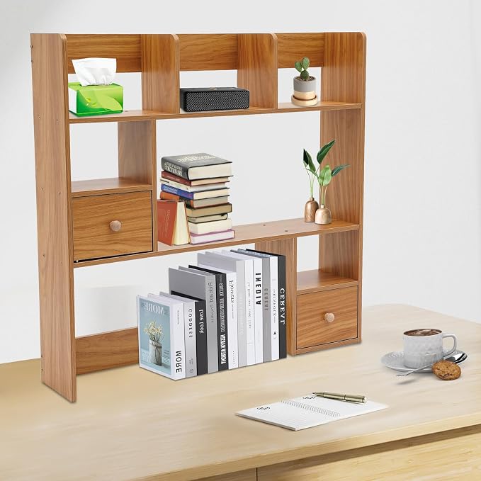Desk Shelf, Wooden Office Desktop Display Organizer Rack with Handles, Adjustable 9 Compartment Storage Rack, Space Saving Desktop Bookshelf for Office Home Dorm (Pine Color)
