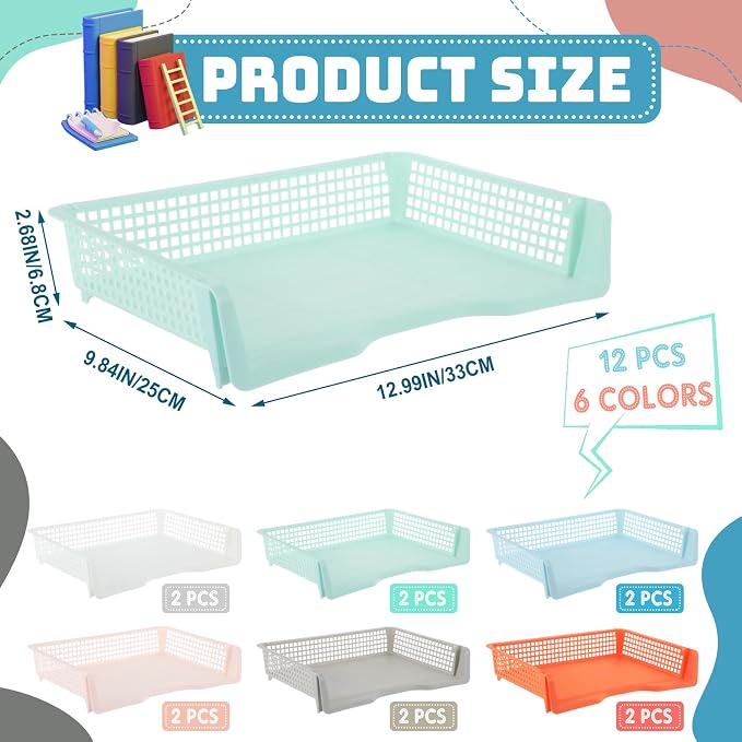 Teenyyou Set of 12 Colorful Turn in Trays Classroom Plastic Stackable Paper Tray Classroom Teachers Desk Organizer Bin for Office Home Teachers Organization and Storage, 9 x 13 x 3 Inches(Boho)