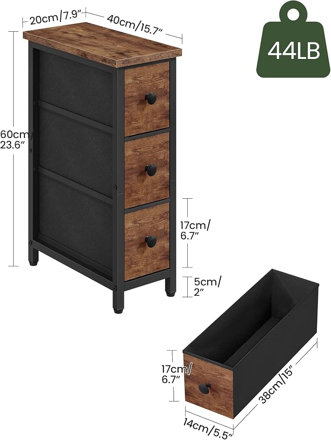 CHOEZON Narrow Side Table with 3 Fabric Drawers, Industrial Slim Bedside Table for Small Spaces, Bedroom, Living Room, Dormitory, Rustic Brown and Black TBZ09BF