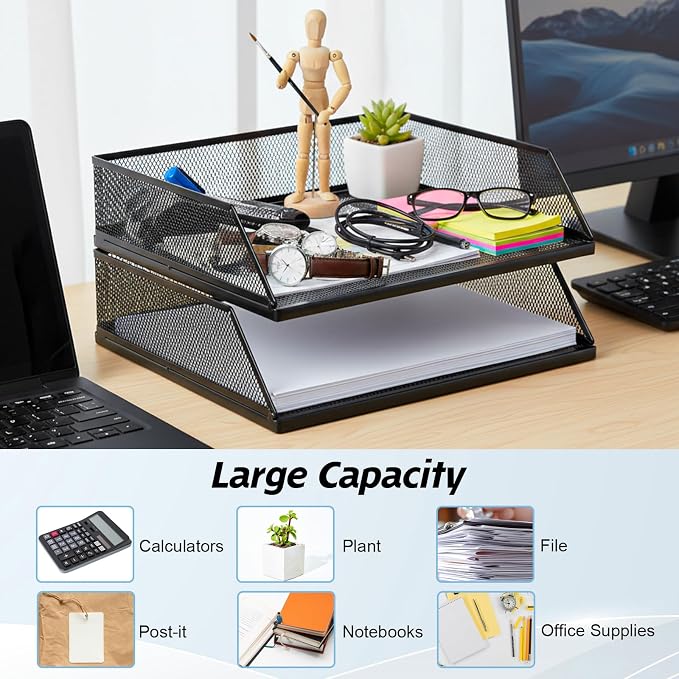 2 Pack 12.8 x 9.84 Inch Black Metal Mesh Letter Tray, Stackable Desk File Organizer Paper Holder Document Storage for Office Home Classroom