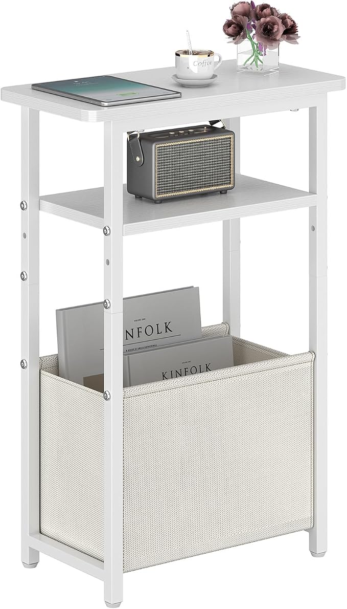 sthmec Narrow Side Table, Skinny End Tables with Fabric Basket, Small Side Tables for Small Space, 2-Tier Open Shelves with Basket, Slim Nightstands for Bedroom,Living Room,Office, White