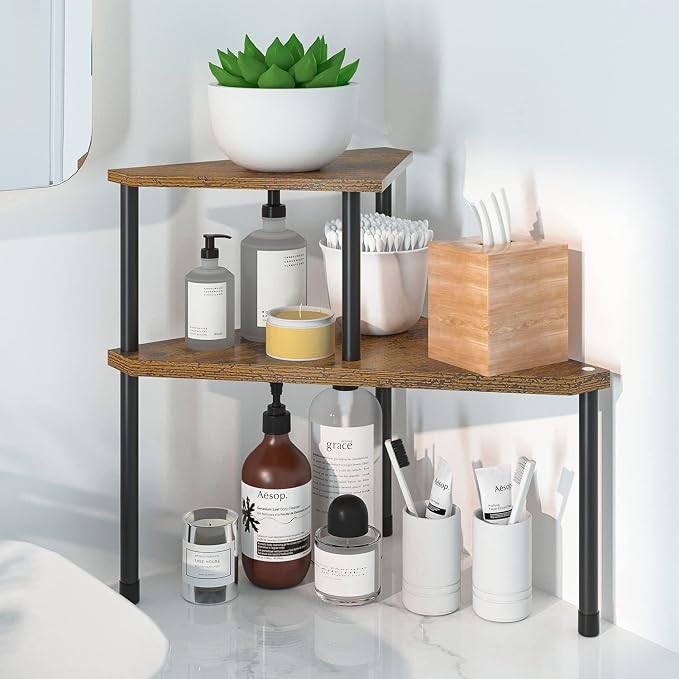 Weenson Kitchen Countertop Organizer Spice Rack for Salt, Bathroom Counter Organizer Over Sink for Toiletries, Makeup, 2-Tier Corner Counter Shelf for Coffee Area Storage Dresser Table(Rust Brown)