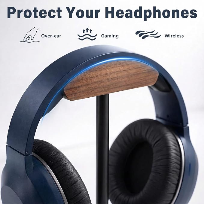 Wood & Metal Headphone Stand, Headset Holder for Desk, Desktop Gaming Headphone Hanger with Stable Non-Slip Bamboo Base, Universal Earphone Stand for Gaming, Office, Home, Gift