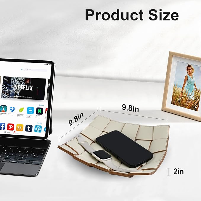 Valet Tray PU Leather Key Bowl for Men Women Entryway Table Nightstand Catchall EDC Dump Tray for Wallet, Keys, Jewelry Men's Gift - Coffee & White, 9.8" L x 9.8" W x 2" H