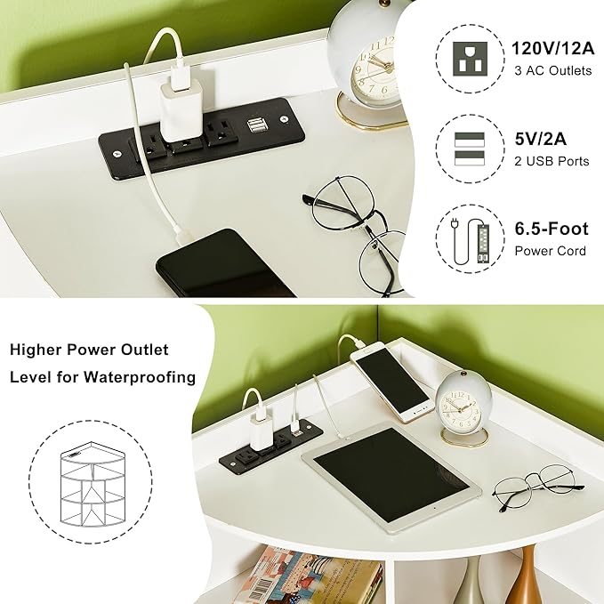 VECELO Corner Cube Shelf with USB Ports & Outlets, Modern Corner Toy Storage Rack with Adjustable Shlef, Wooden Display Bookshelf Bookcase for Living Room, Bedroom, Dining Room, Kitchen, White