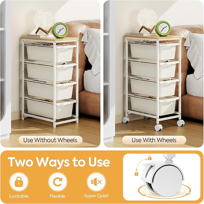 Rolling Storage Cart with 4 Drawers, Craft Organizer, Wooden Tabletop Utility Cart for Bedroom, Children's Room and Office Organization, Table Side Trolley with Lockable Wheels, White