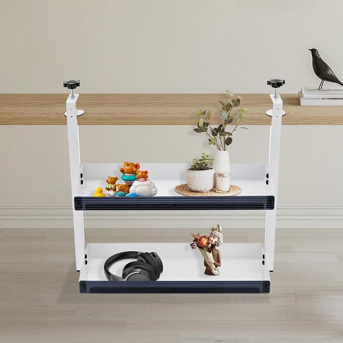 Clamp-on Desk Shelf, 2-Tier Desktop or Under-Desk Shelving Adjustable Desktop Organizer for Office Bedroom (White)