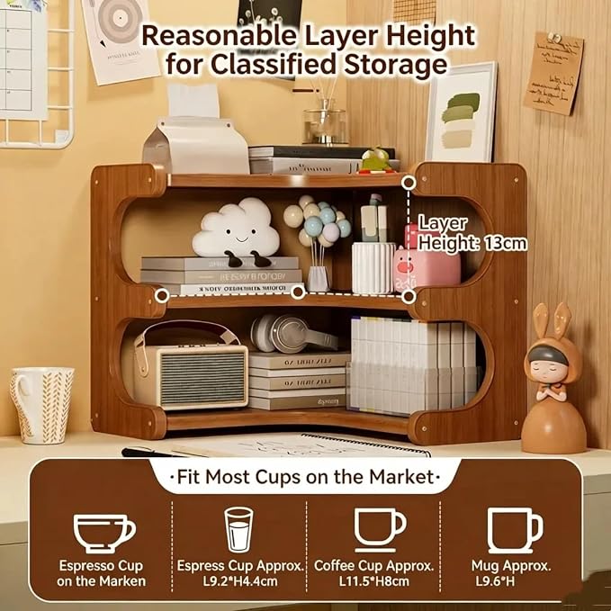 Corner Desktop Organizer Stable Durable, Solid Wood & Multi-Ply Board Corner Storage Shelf Space-Saving Empty Corner Decor with Rounded Edges for Home Office, Bedroom, Living Room and Kitchen
