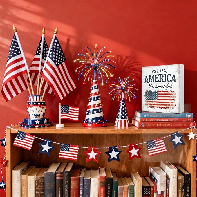 Patriotic Wooden Box Sign,America The Beautiful Est.1776 4th Of July Signs Home Decor,Independence Memorial Day Block Sign for Desk Shelf Tabletop Decor