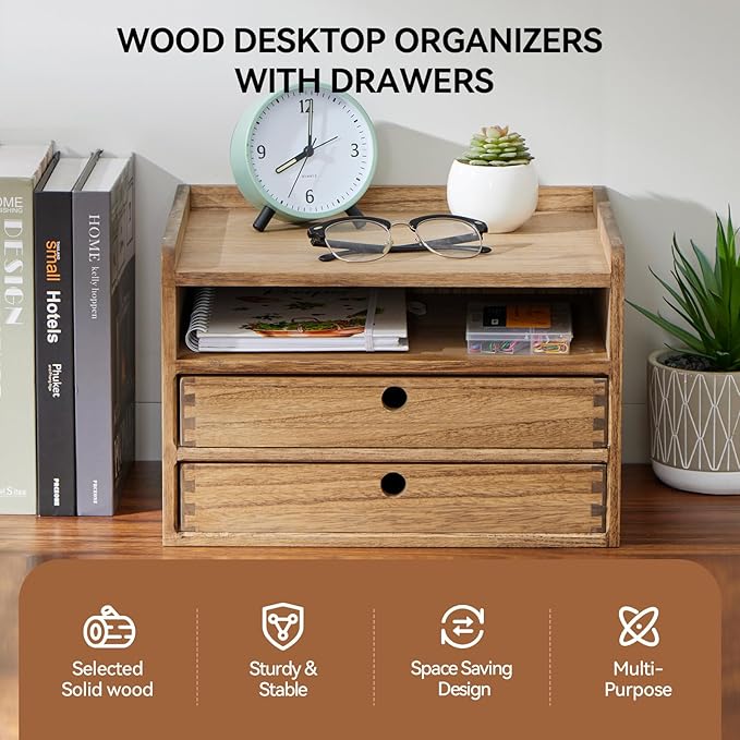 KIRIGEN Desktop Organizer Cabinet with 2 Drawers and Tray, Wood Office Desk Storage Shelf, 3-Tier Countertop Organizer for Papers, Supplies, Cosmetics, Kitchen Accessories Brown DT3D2C-DBR