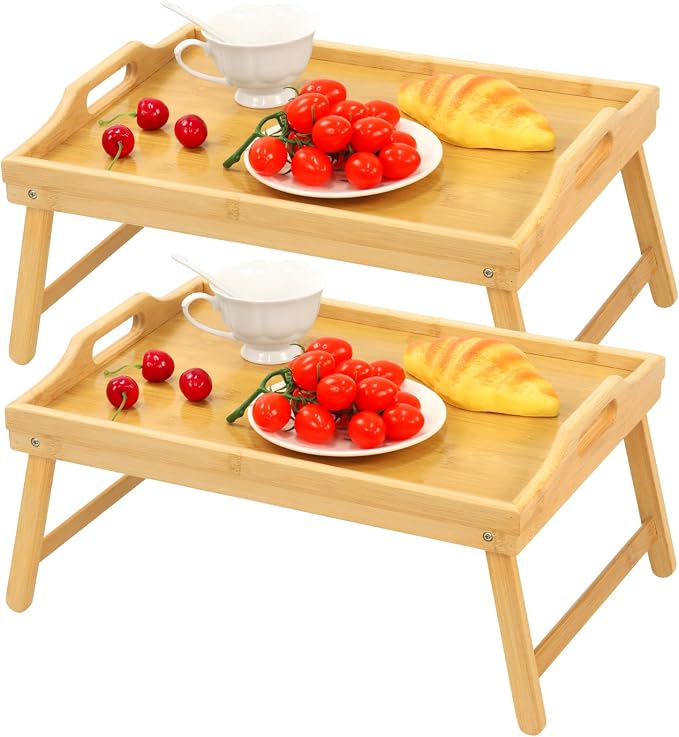 2 Pack Bamboo Bed Tray Table, Folding Legs and Handles, Breakfast Tray, Laptop Desk for Bed or Sofa, Serving Tray for Eating, Working, Reading,Picnic