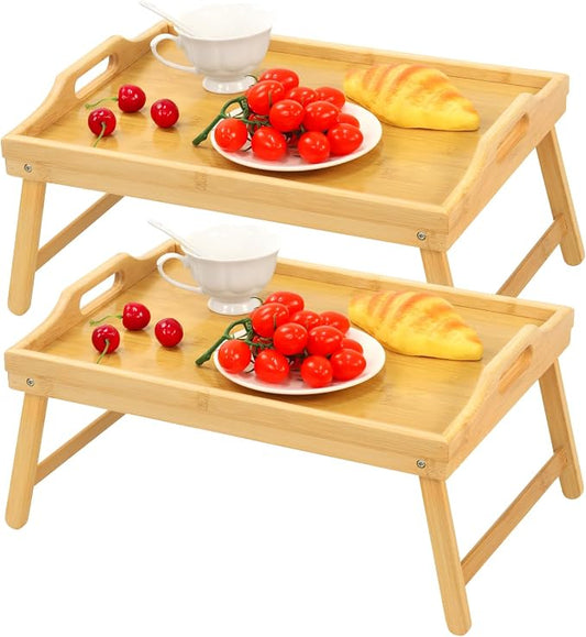 2 Pack Bamboo Bed Tray Table, Folding Legs and Handles, Breakfast Tray, Laptop Desk for Bed or Sofa, Serving Tray for Eating, Working, Reading,Picnic