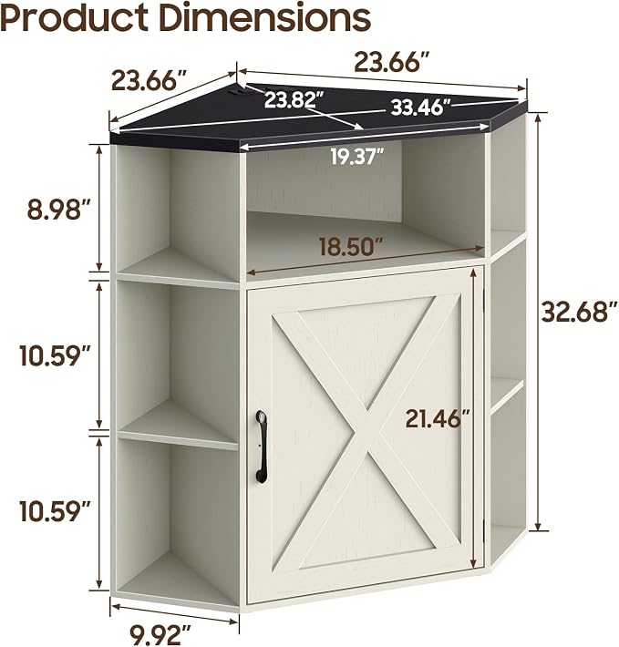Halitaa Corner Storage Cabinet, Farmhouse Corner Bookshelf with Storage 6-Cubby Wooden Cabinet with USB Ports and Outlets Industrial Organizer for Small Space, Study, Playroom, Rustic White and Black